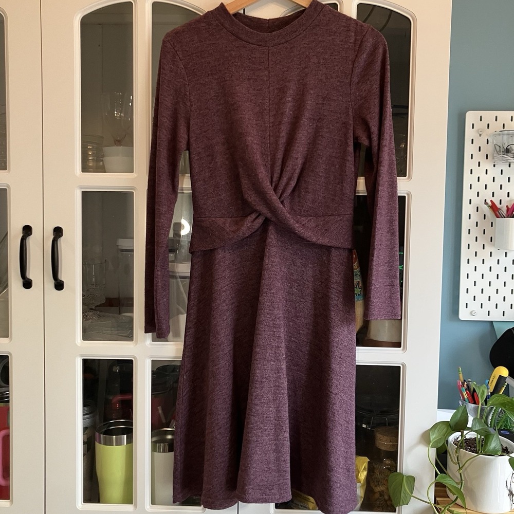 SERRA Front Twist Long Sleeve Knit Dress Small Plum Purple Soft Stretch Midi